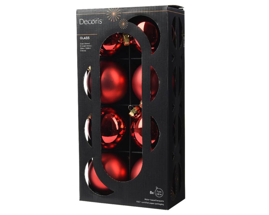 Červené skleněné koule 7cm, 8ks