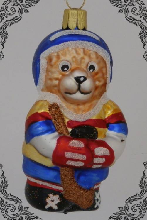 skleněná vánoční figurka medvěd hokejista, 1ks