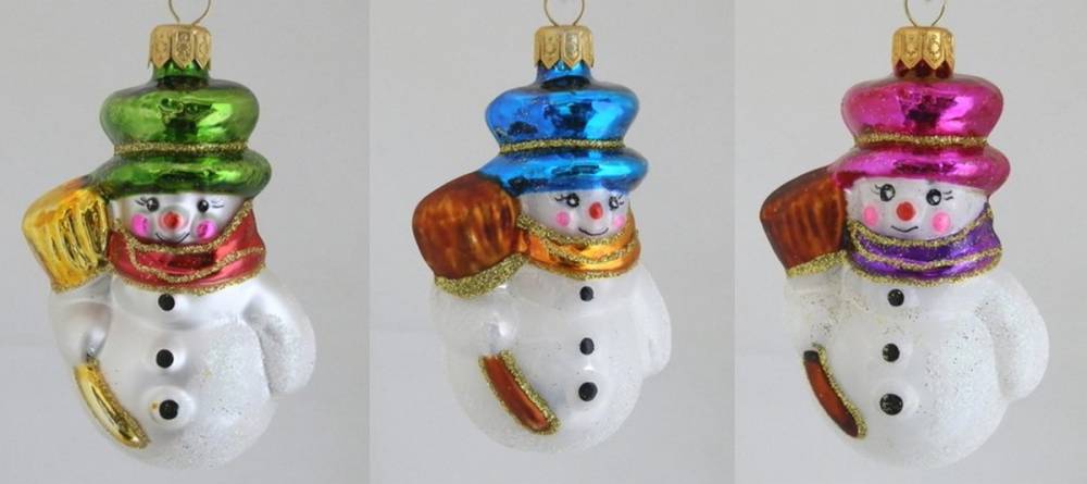 Skleněná vánoční figurka sněhulák s metlou, 3ks