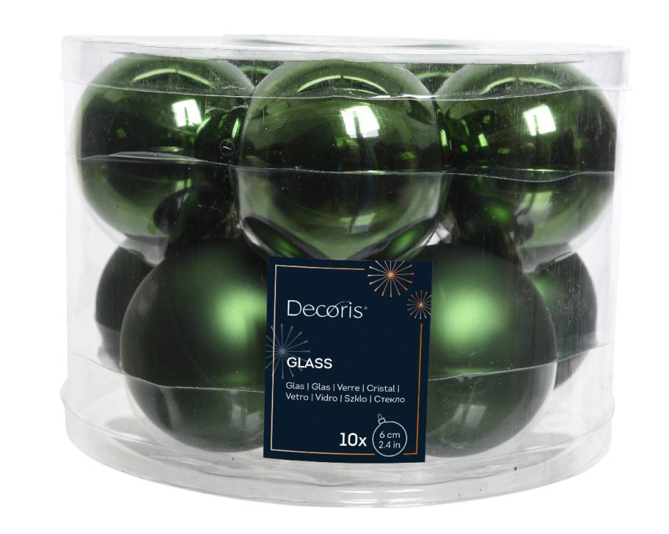 Tmavozelené skleněné koule 6cm, 10ks