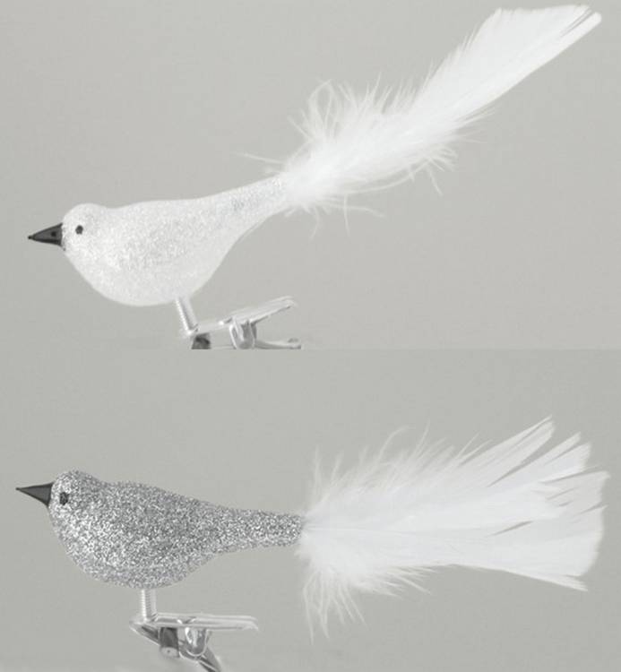 Vánoční ozdoba pták bílostříbrný posyp, 12ks