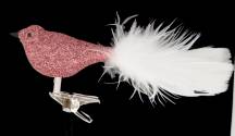 skleněná vánoční ozdoba pták růžový posyp, 12ks